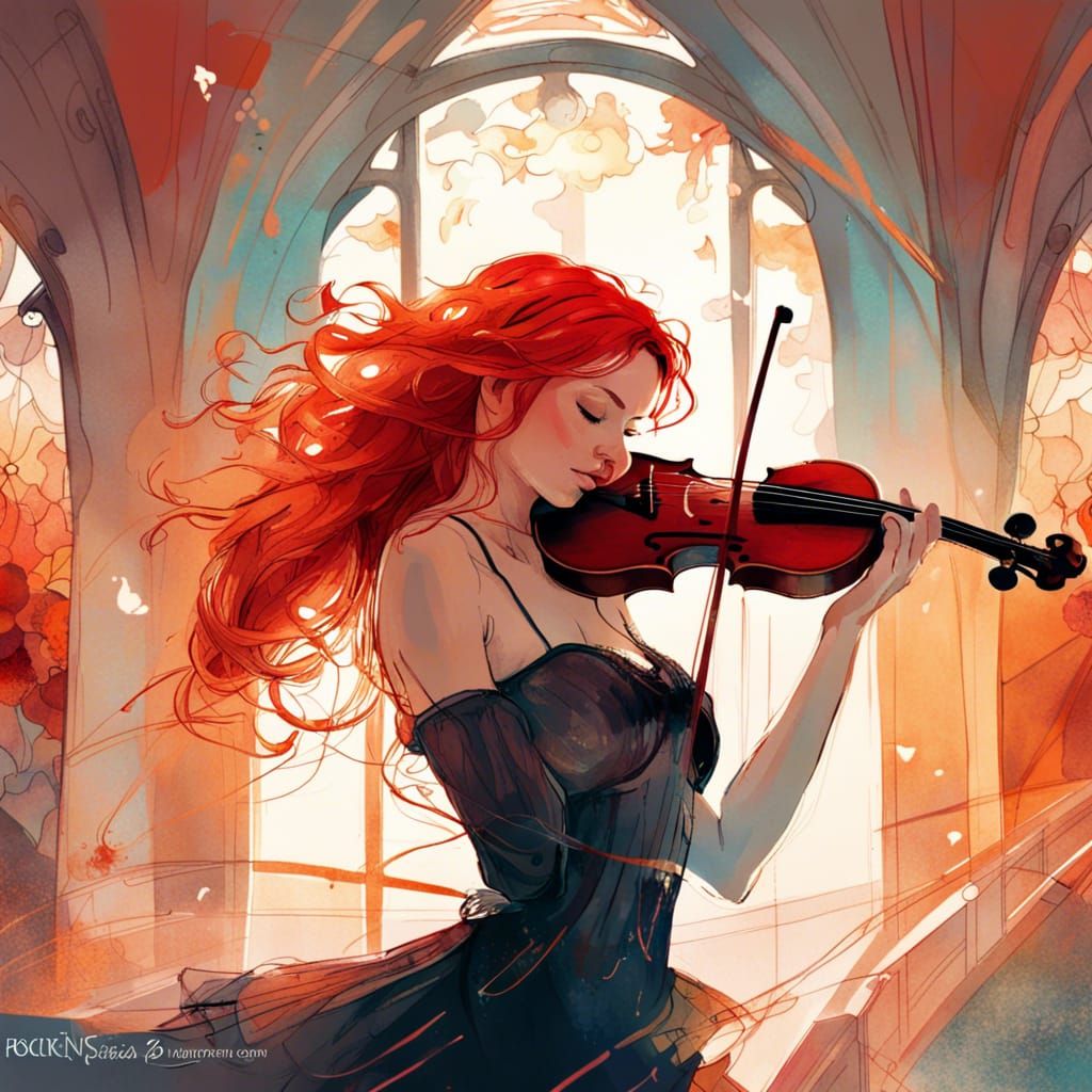 Voluptuous Violinist in Art Nouveau Style