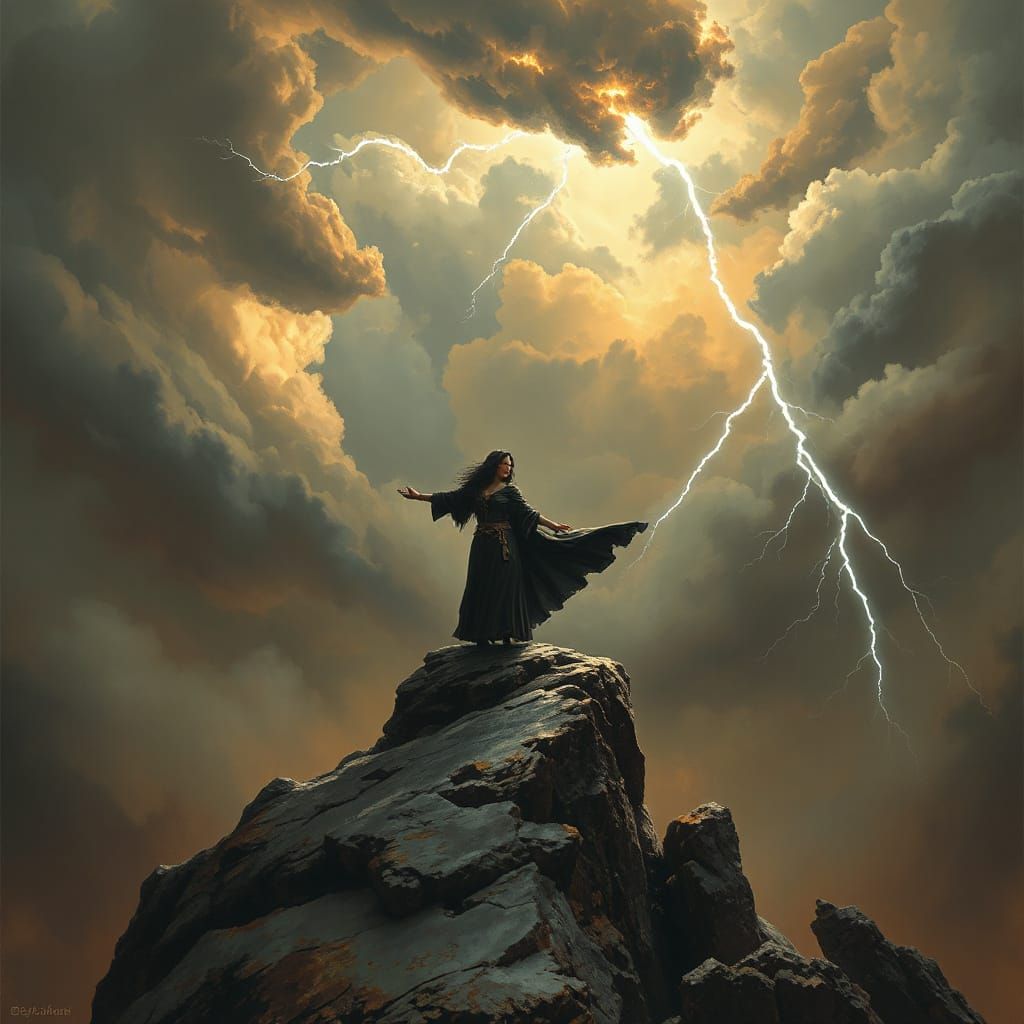 Sorceress Conjuring Lightning Storm on Mountain Peak