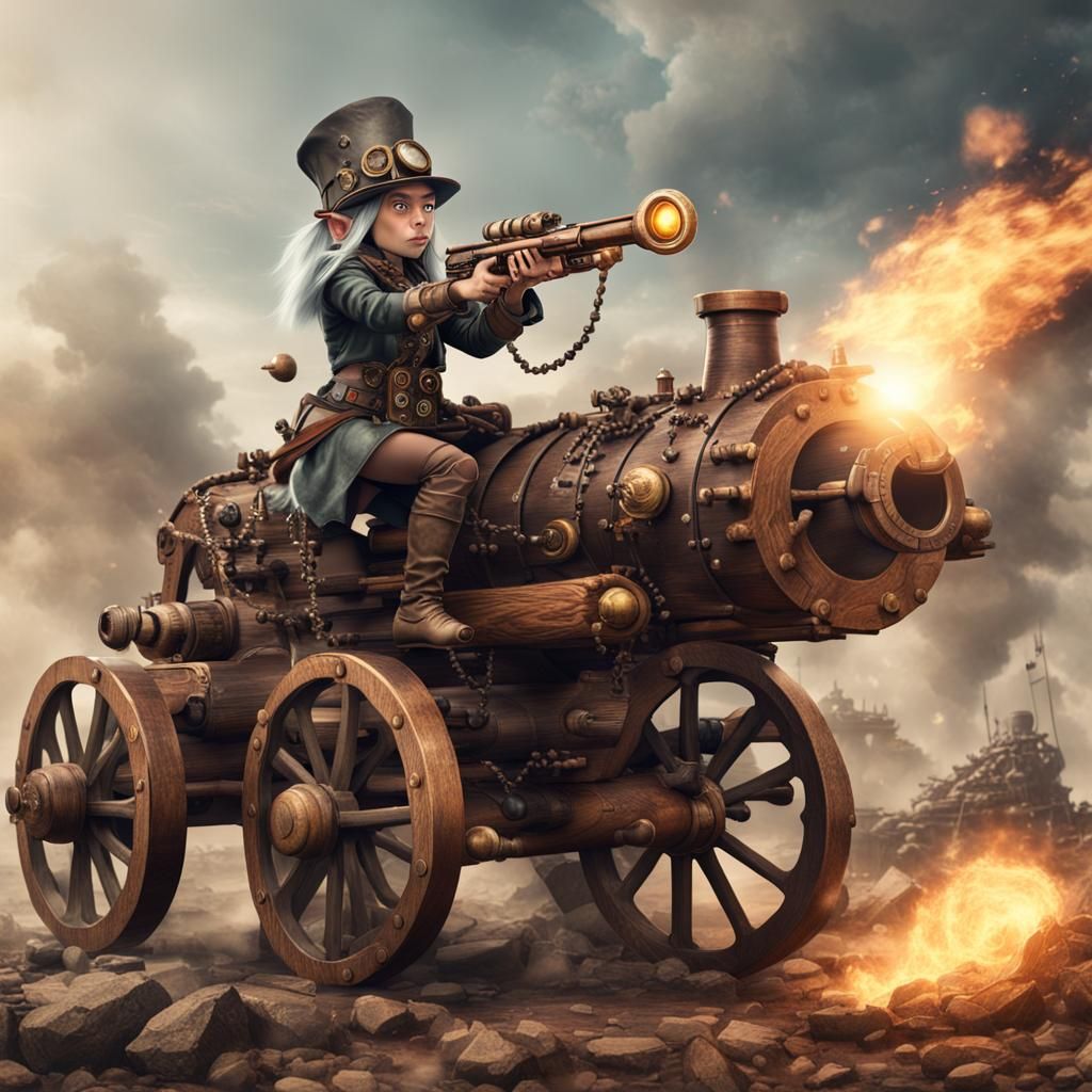 Steampunk Gnome Fires Ballista in Dystopian Battlefield