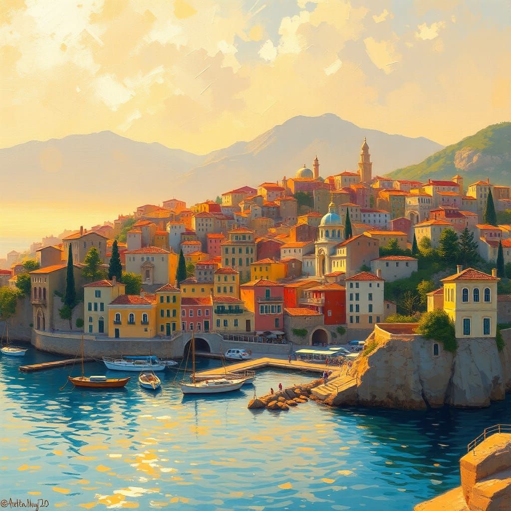 Impressionist Coastal City in Golden Light
