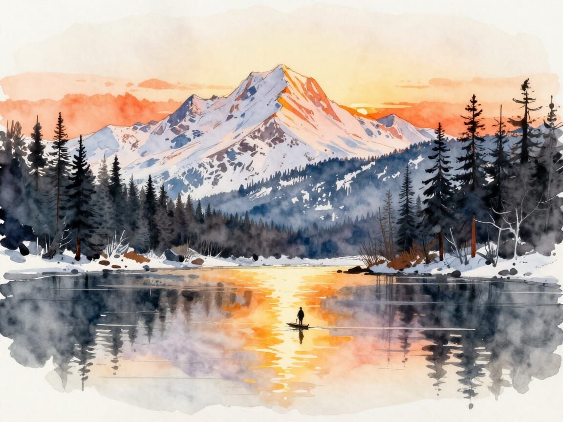 Watercolour Sunset Over Snowy Mountains and Lake Reflections