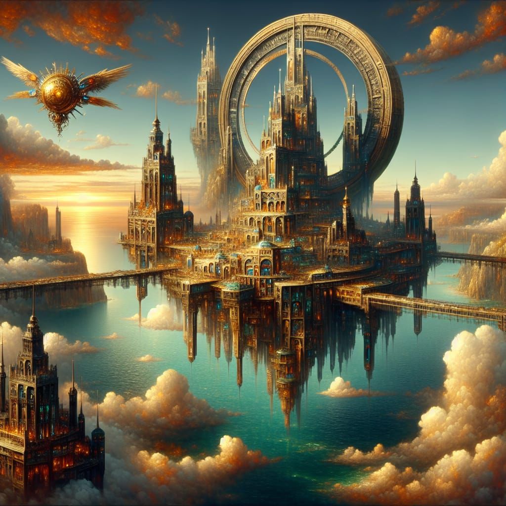 Steampunk City on Floating Disc Over Majestic Landscape