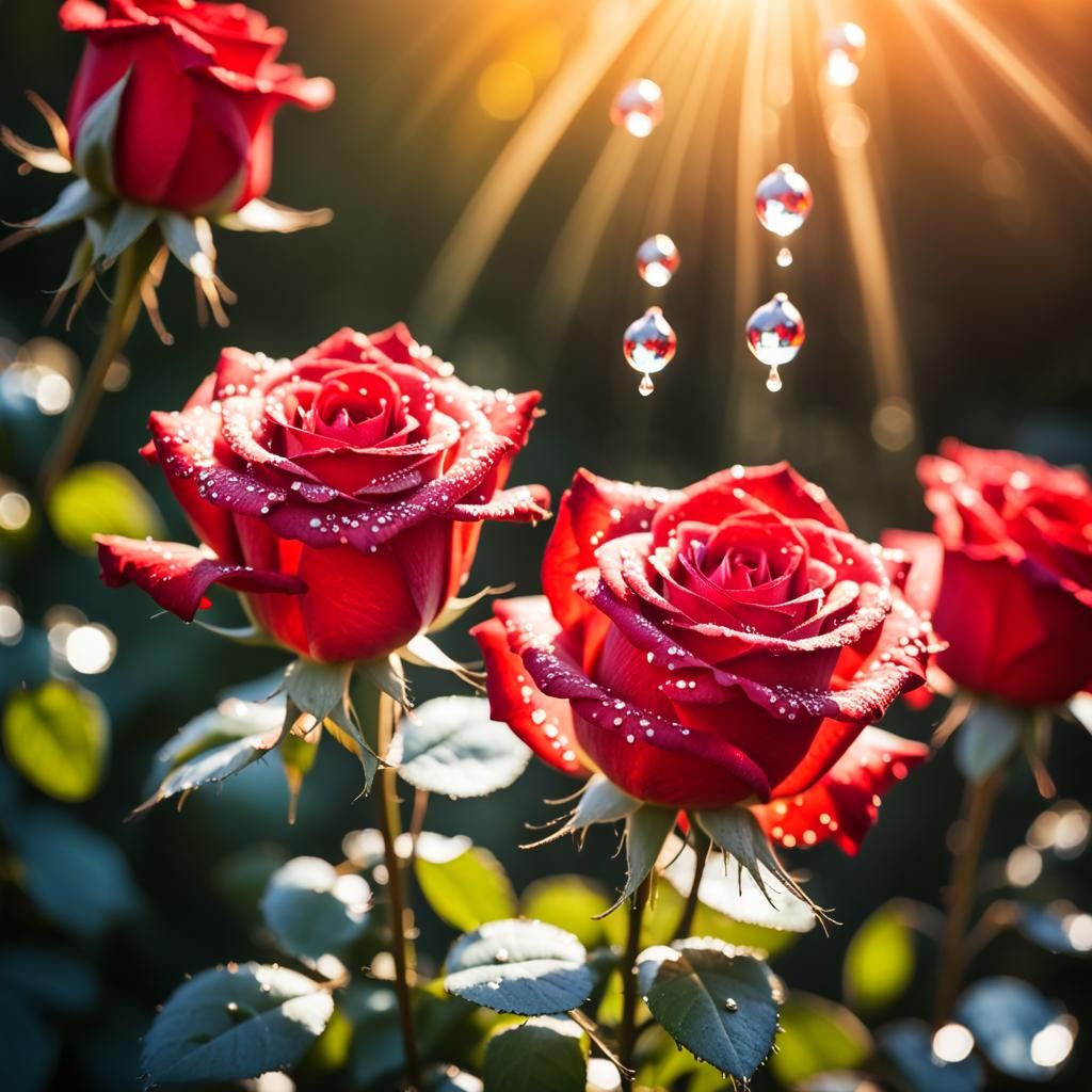 Red Roses with Sparkling Water Droplets in Sunlight