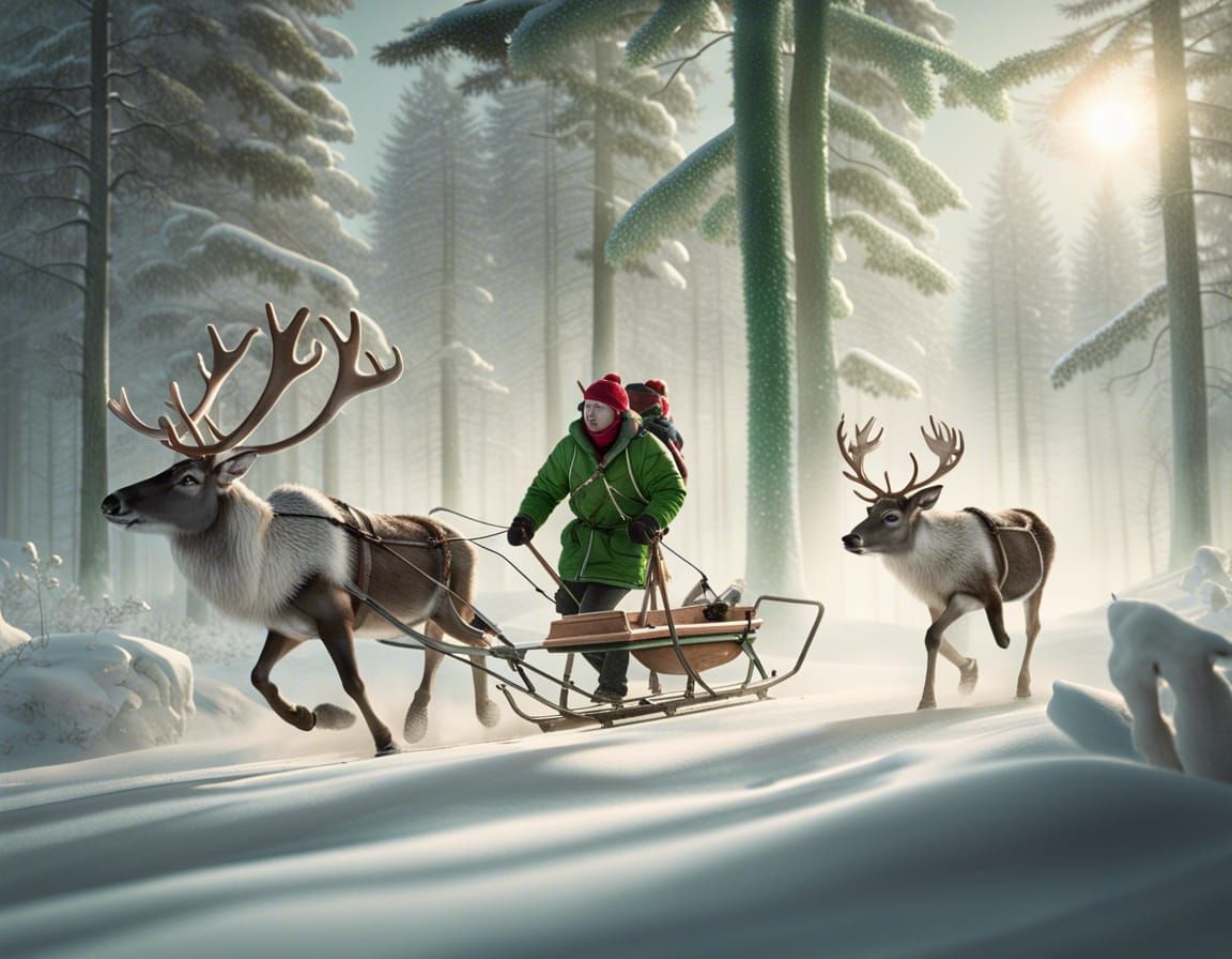 Reindeer Sledding Through Finland in Cyberpunk Style