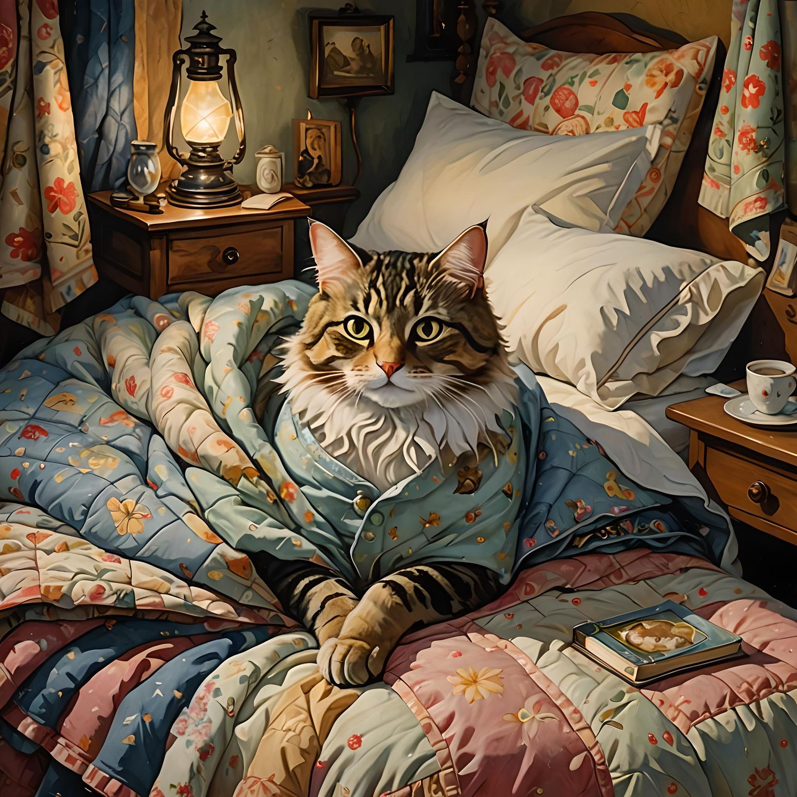 Cozy Cat's Bedtime Story: A Whimsical Oil Painting