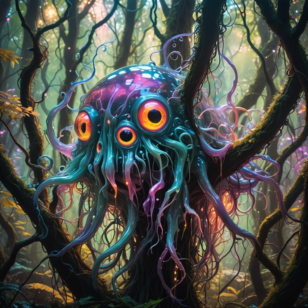 Dreamlike Encounter with a Vibrant, Glowing Blob Monster