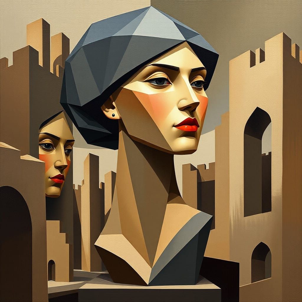 Ancient City Goddess in Cubist Architectural Scene