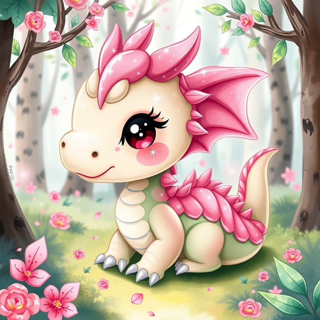 Kawaii Dragon in Whimsical Forest, Digital Art