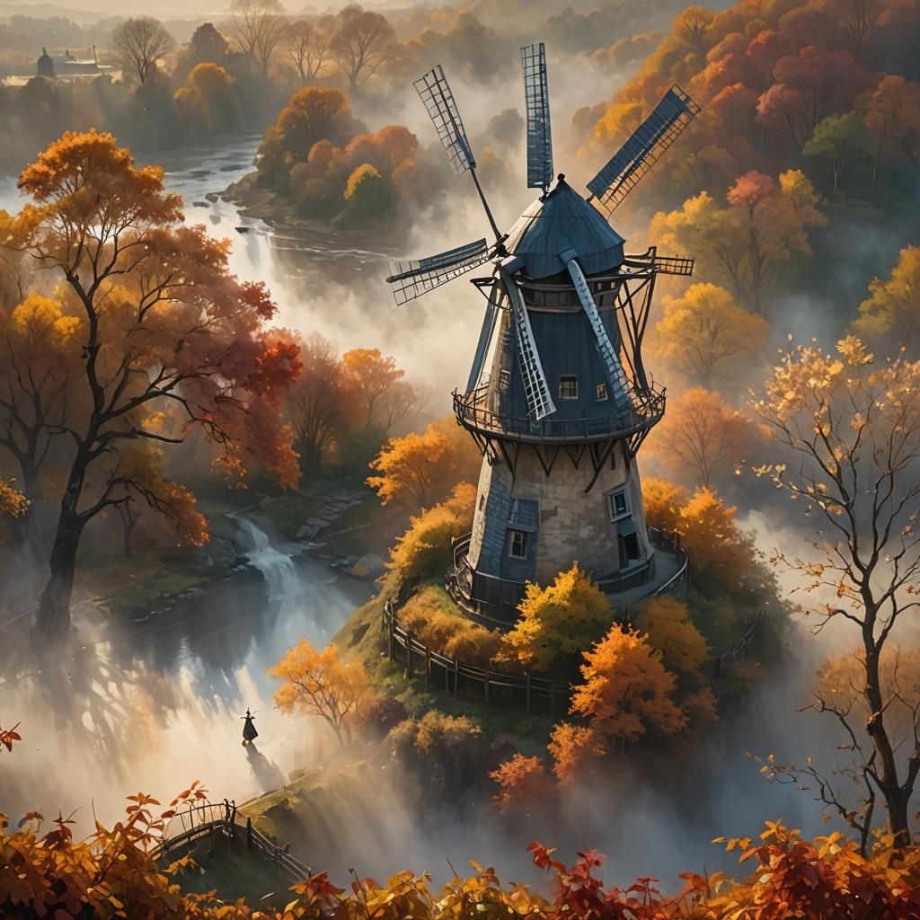 Autumn Windmill in Oil Painting Style