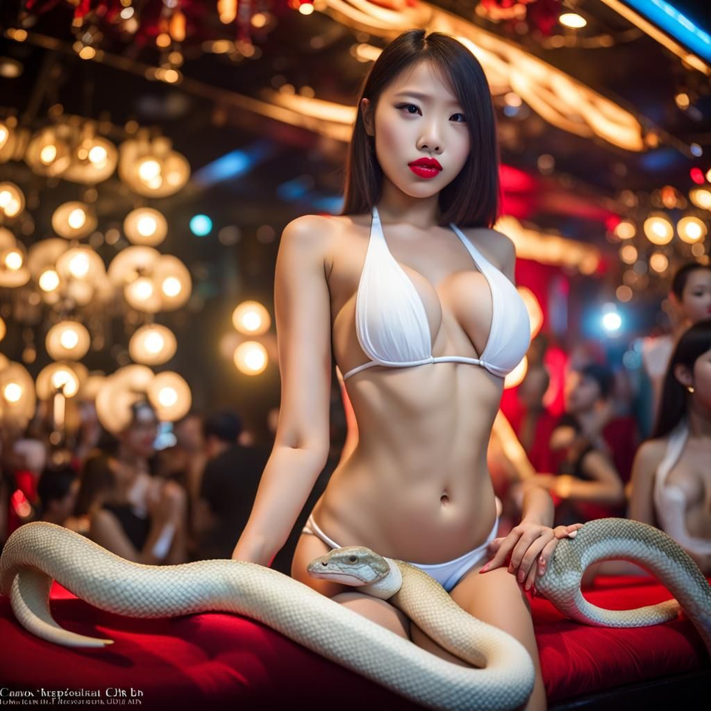 Asian gogo dancers in a club with a white pyton