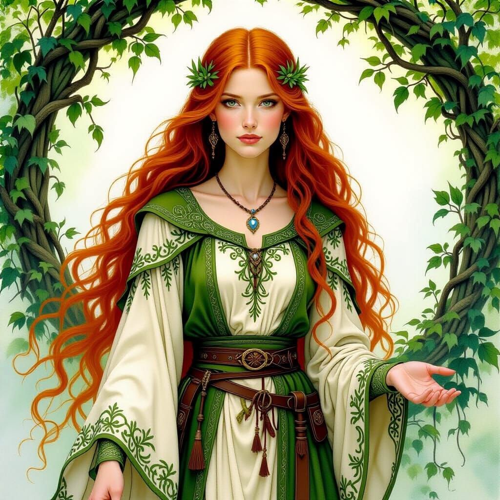 Young Female Druid with Red Hair in Lush Greenery