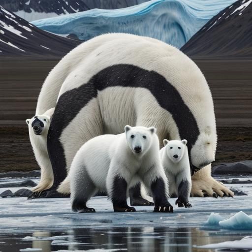 Polar Bear and Cubs Meet Penguins on Ice