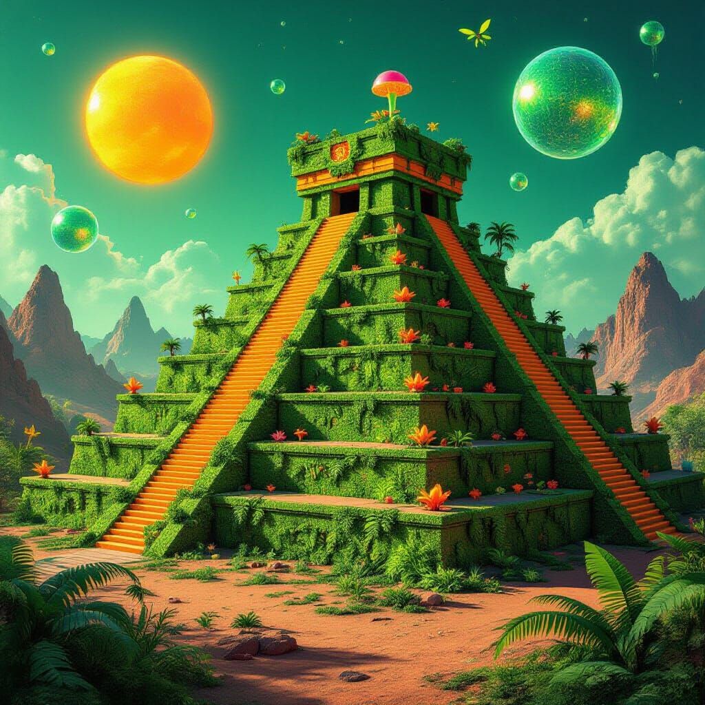 Neon Ziggurat Jungle on Alien Planet