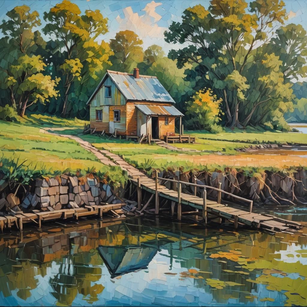 Riverside Shack in England: An Impasto Painting