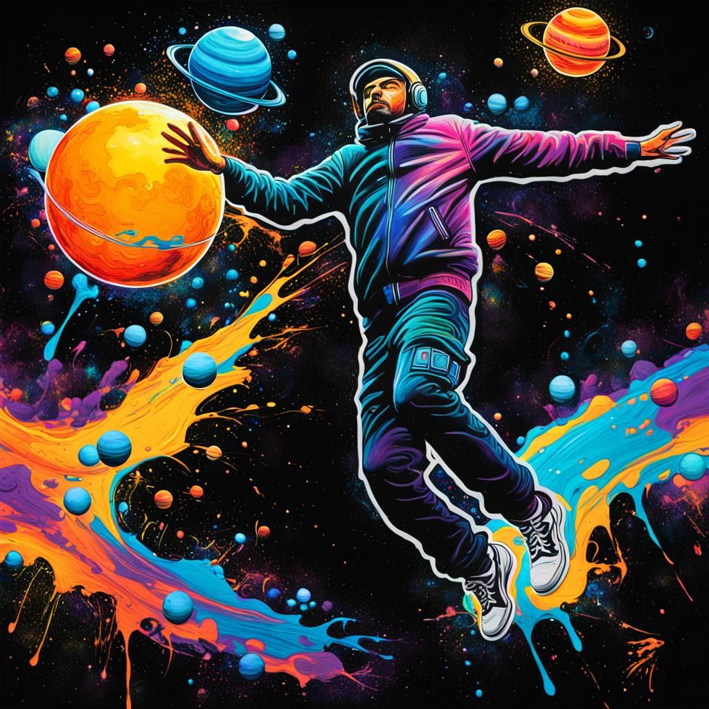 Vibrant Planets and Space Traveler in Graffiti Art