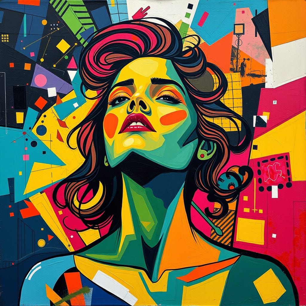 Smiling Woman in Cubist Style with Geometric Shapes