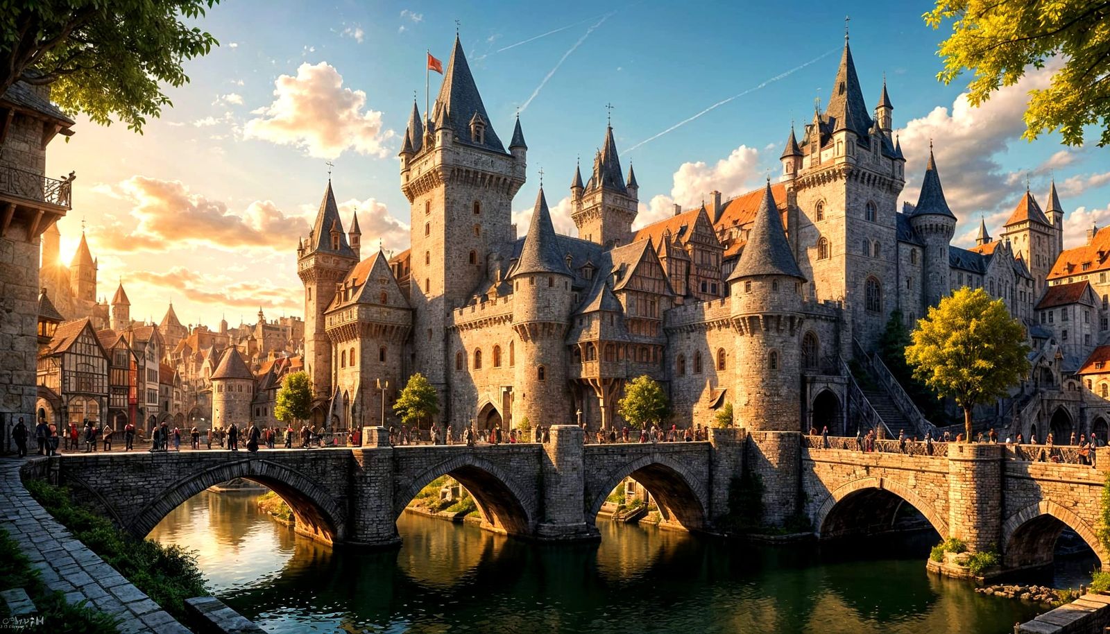 Medieval City Rooftop View with Castle: Hyperrealistic Art