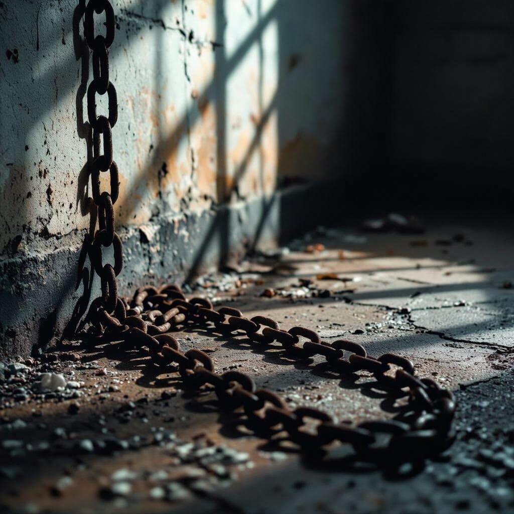 Rusty Chains on Damp Basement Floor with Dramatic Shadows