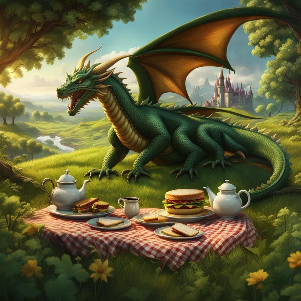 A dragon and a leprechaun in a meadow having a picnic with s...