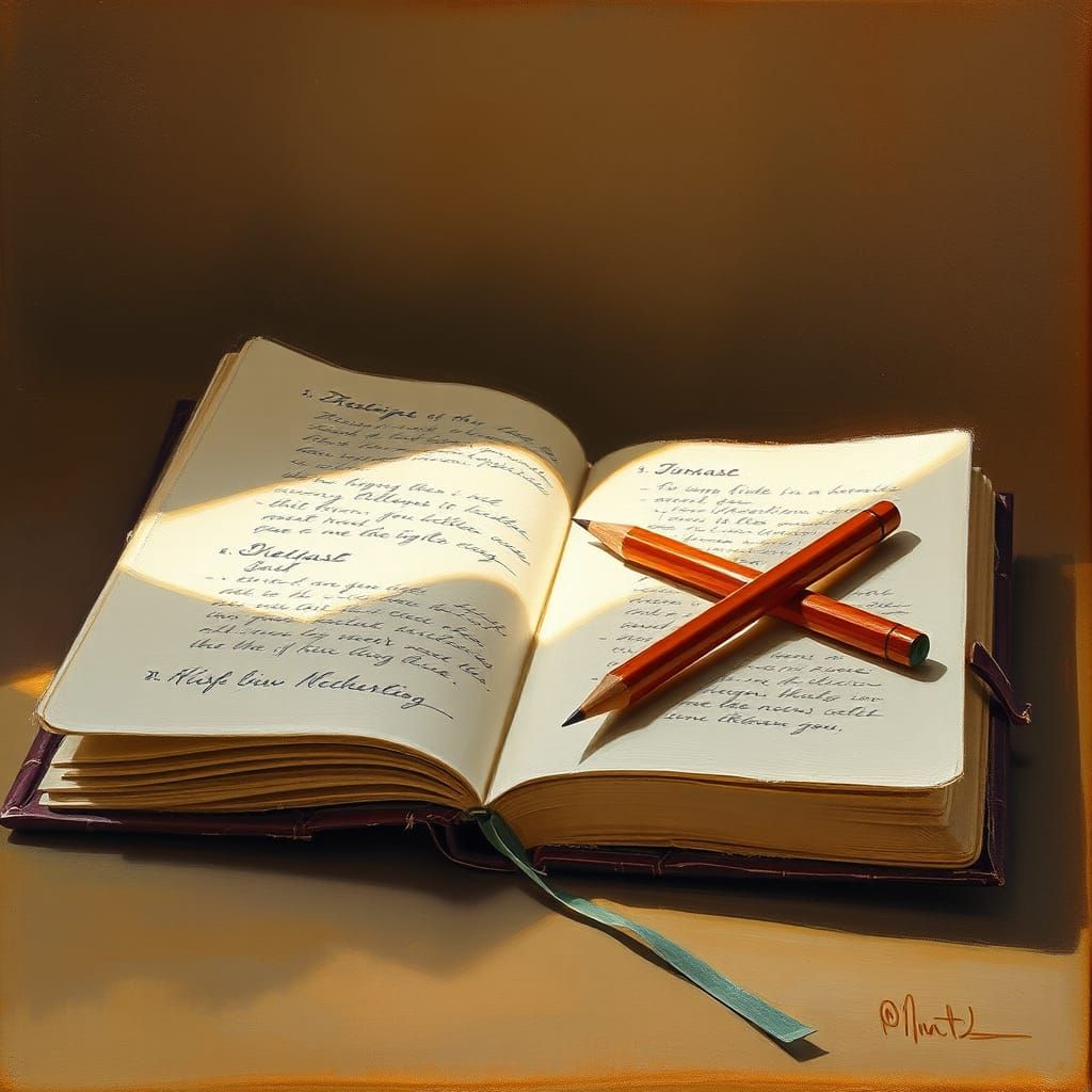 Realistic Oil Painting of Notes in Sketchbook