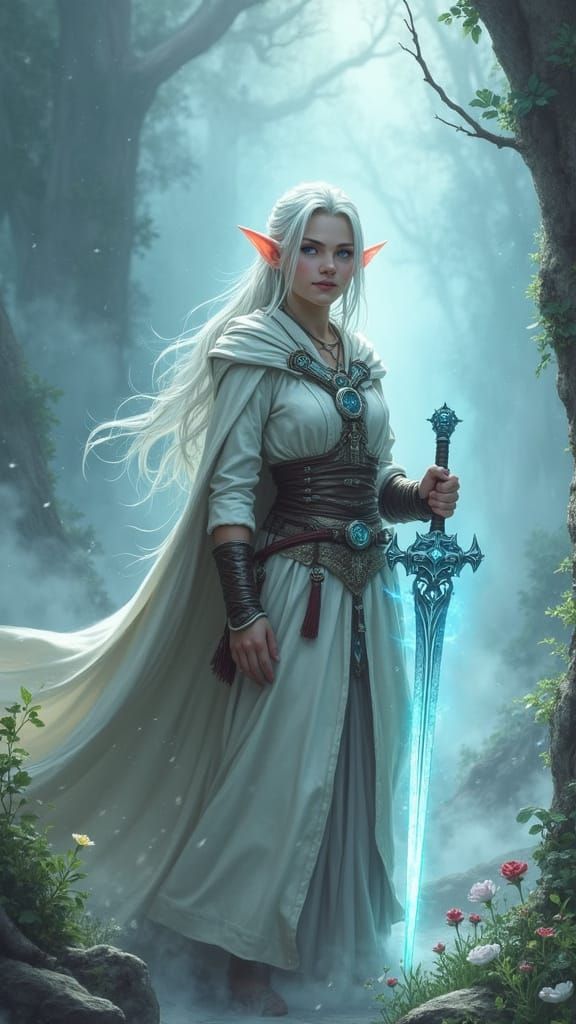 Half-Elf Cleric with Celestial Sword in Fantasy Style