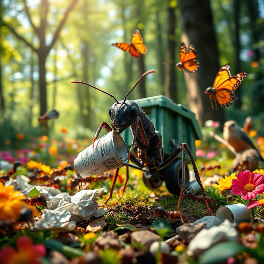Ants Cleaning Litter in a Lush Forest