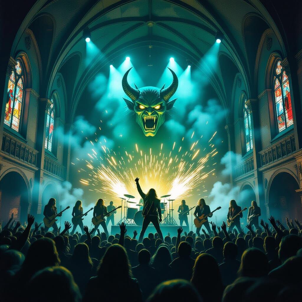 Rock Concert in Church with Gargoyle and Meteorite