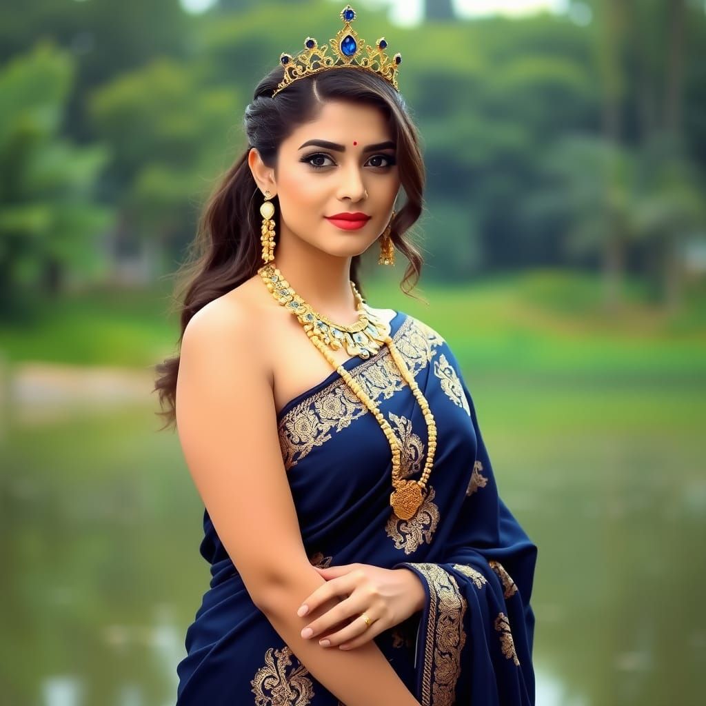 Elegant Woman in Dark Blue Saree with Gold Jewelry