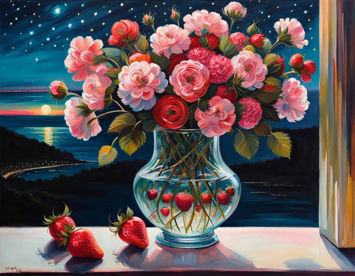 Still Life with Roses and Strawberries in Expressionist Styl...