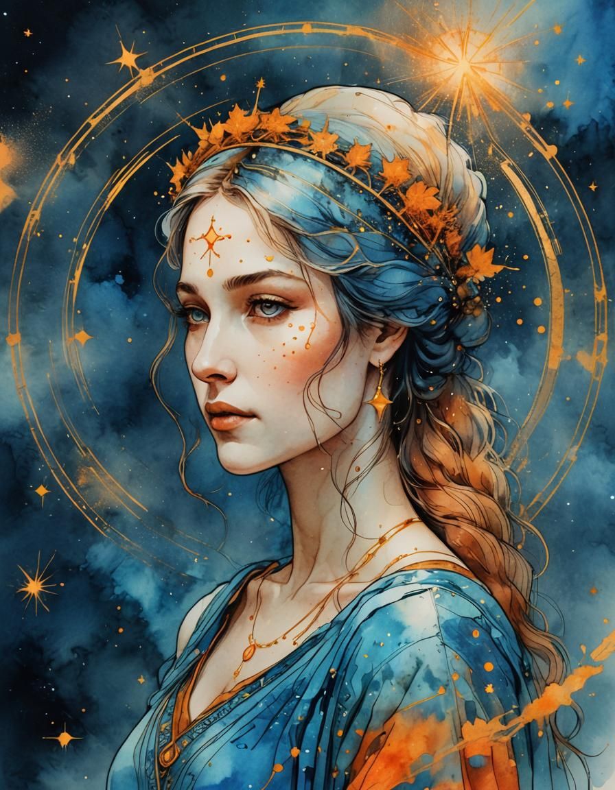 Woman as Virgo in Double Exposure Line Art