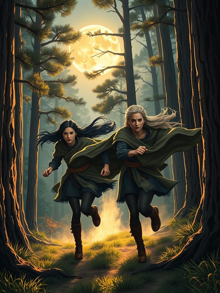 Medieval Women Run Under Golden Hour Moonlight in a Whimsica...