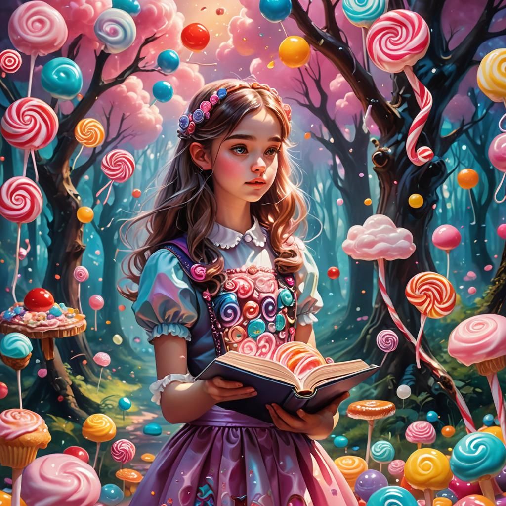 Girl with Magic Book in Candy Art Style