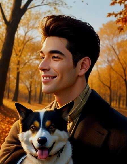 Autumn Day: A Handsome Man and His Dog