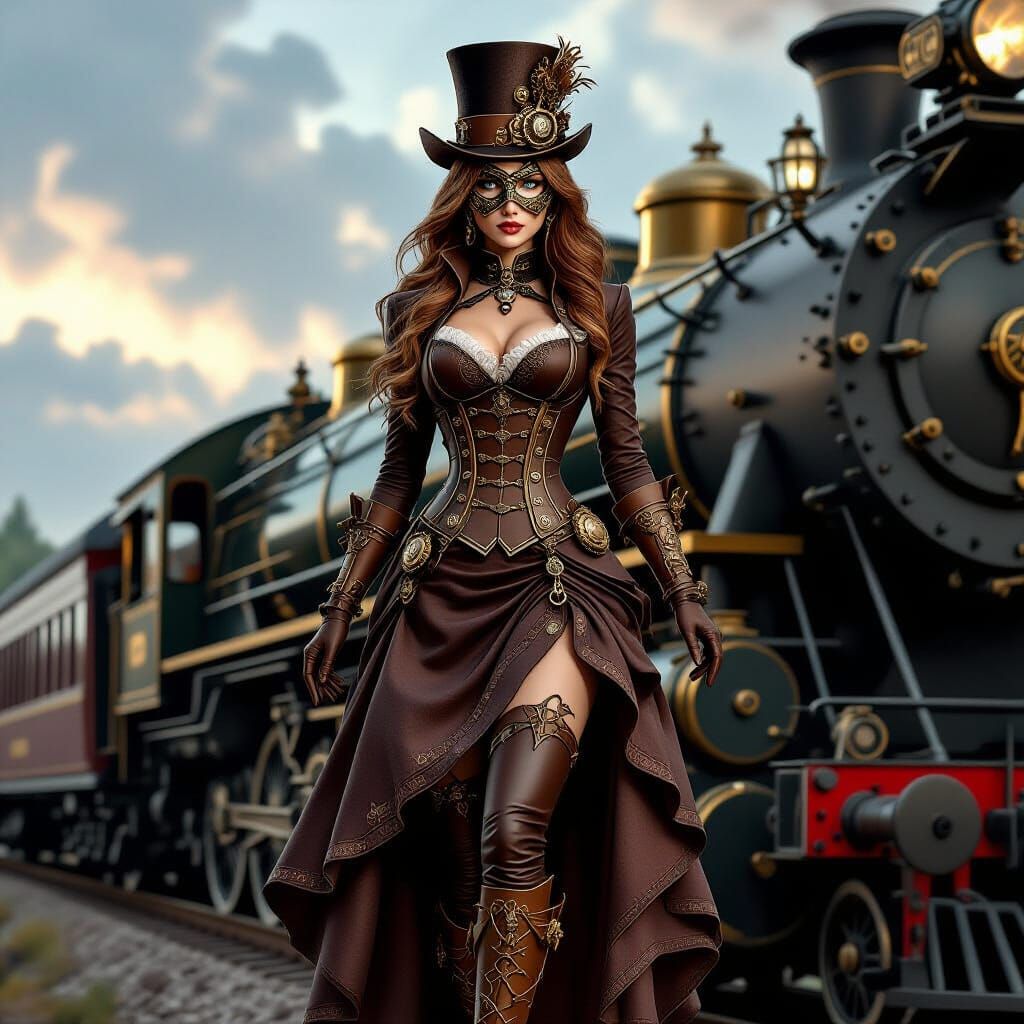 Steampunk Woman Steps Off Ornate Train
