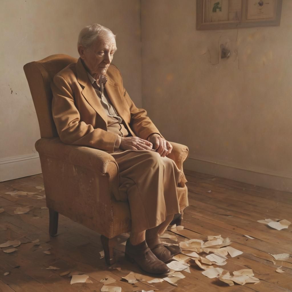 Elderly Person in Armchair Surrounded by Memories
