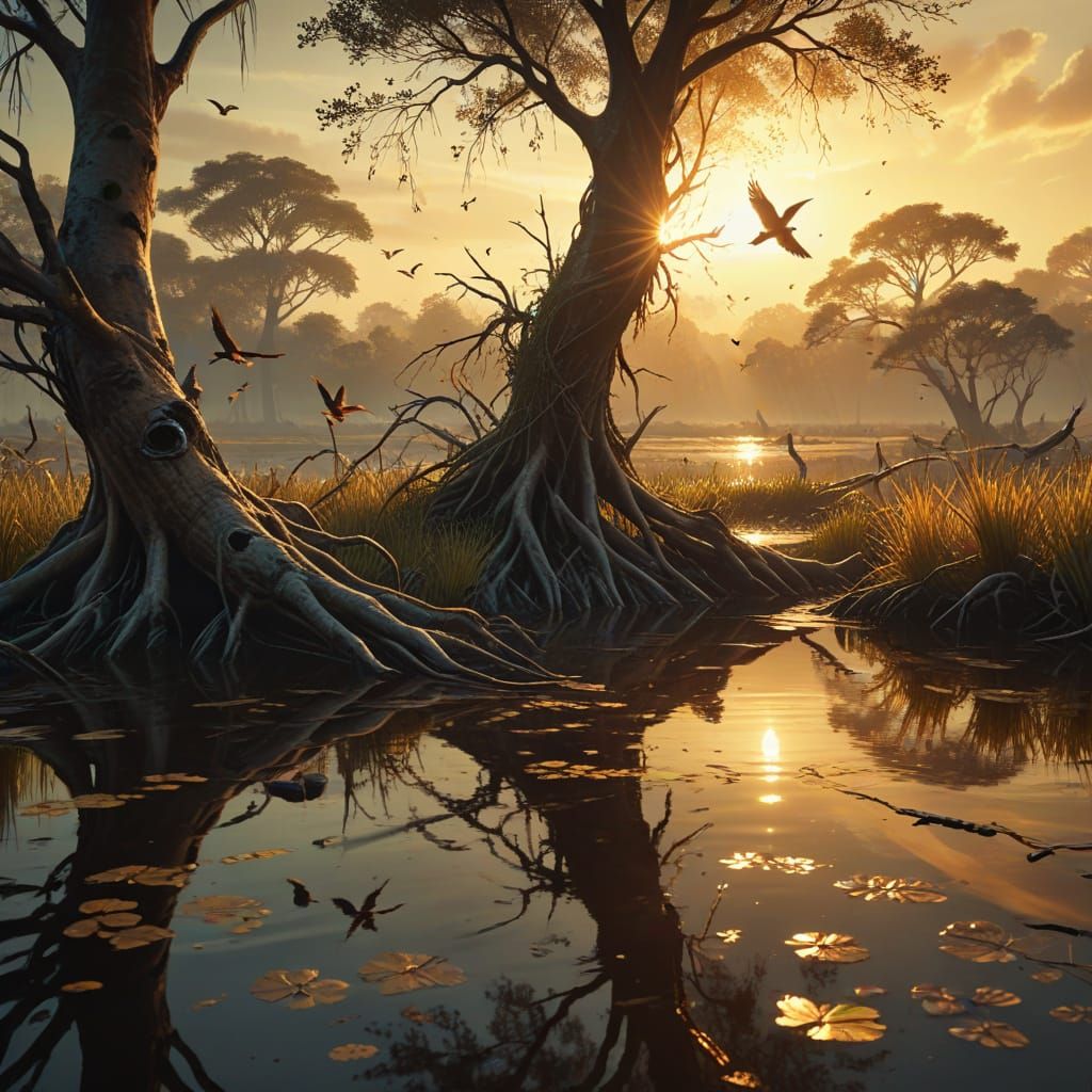 Birds Over Wetlands: Vivid Digital Painting
