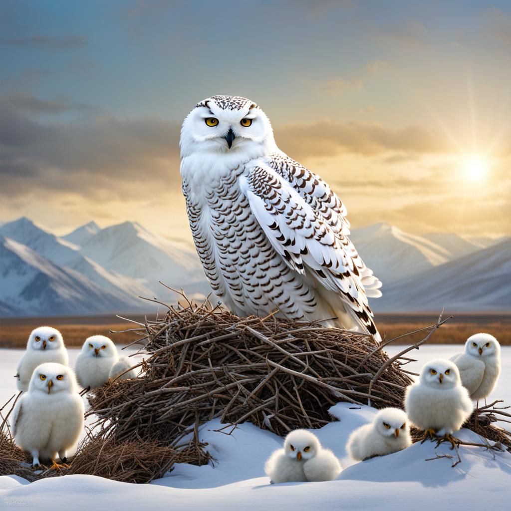 Snowy Owl with Chicks: Wide Shot Digital Art