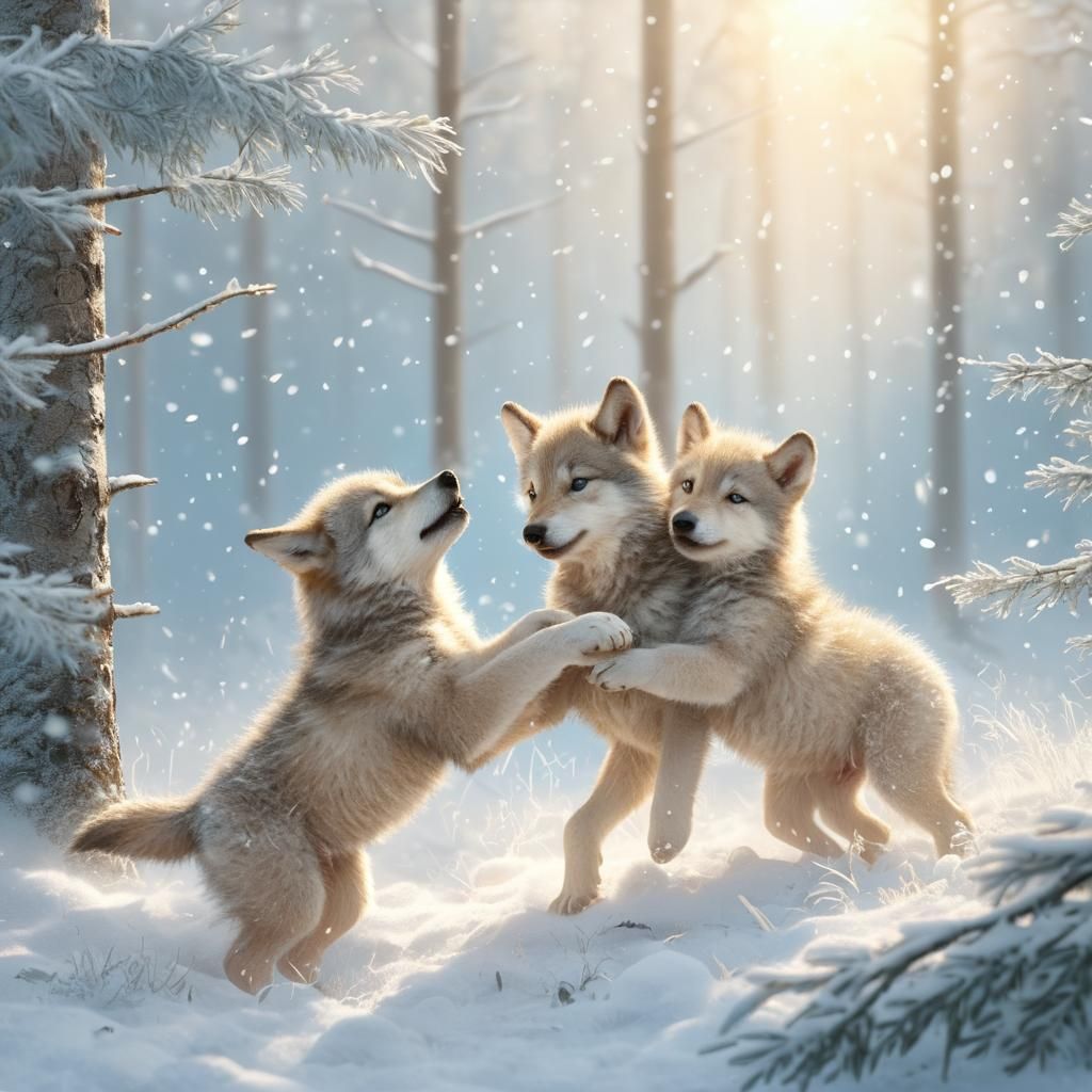 Wolf Cubs Playfully Tumble in Snowy Forest