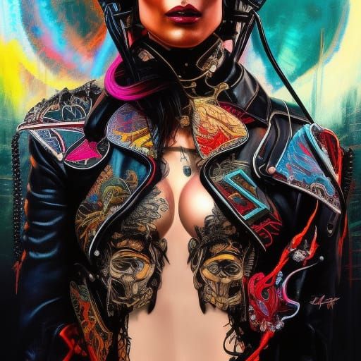 Biker Outlaw on Chopper in Lowbrow Art Style