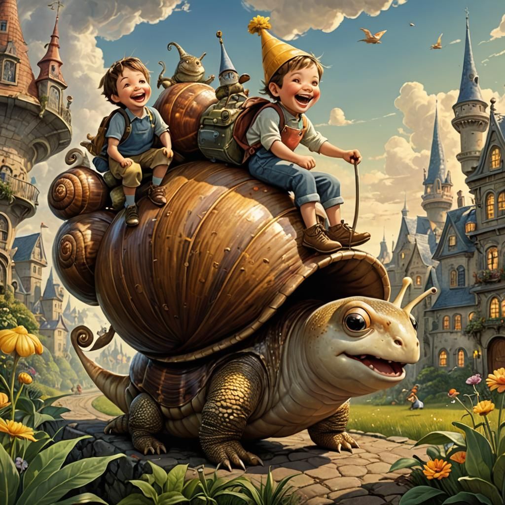 Child's Magical Snail Ride Illustration