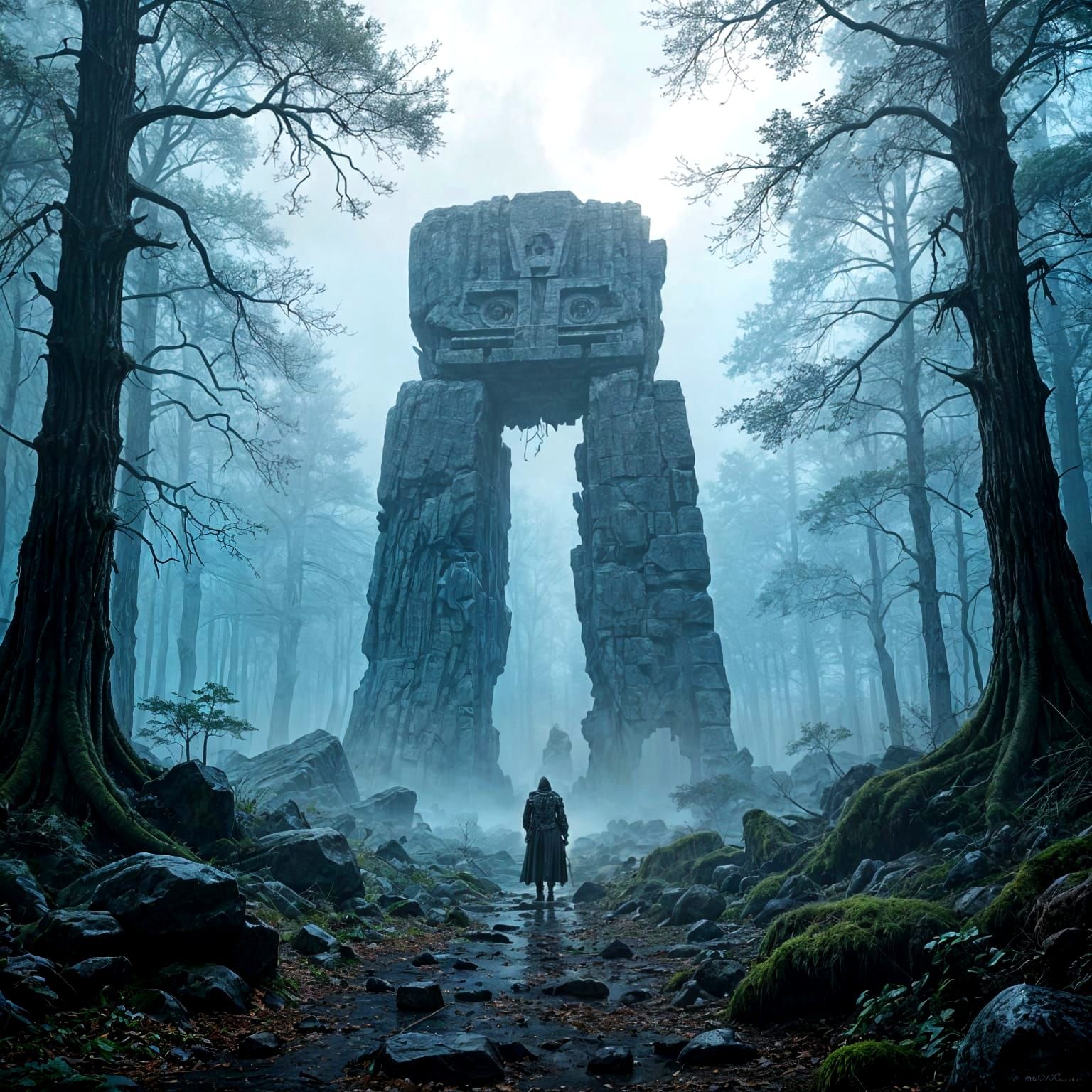 Cloaked Warrior Before Megalith in Misty Forest