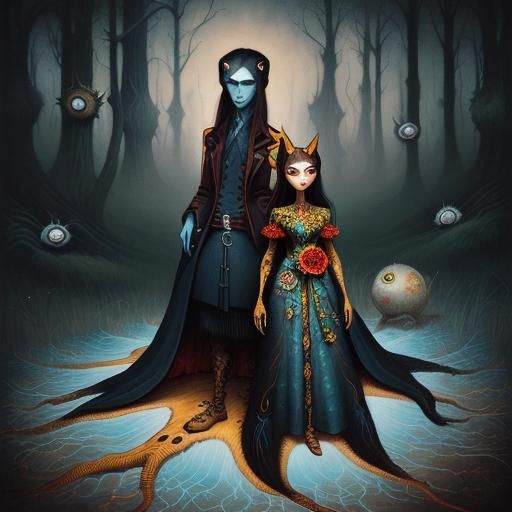 Pop Surrealist Painting of Two Figures with Big Eyes