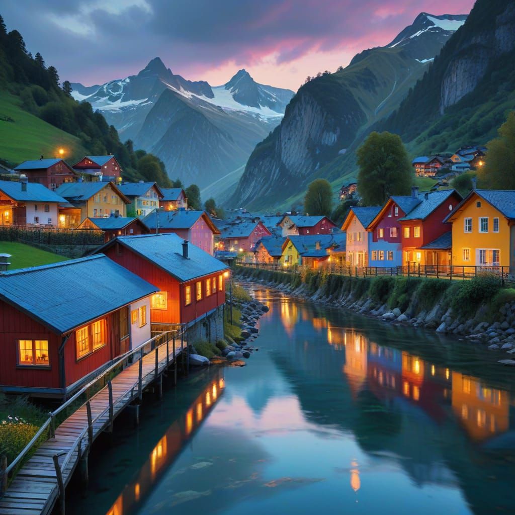 Colourful Swiss Village Landscape in Oil Painting Style