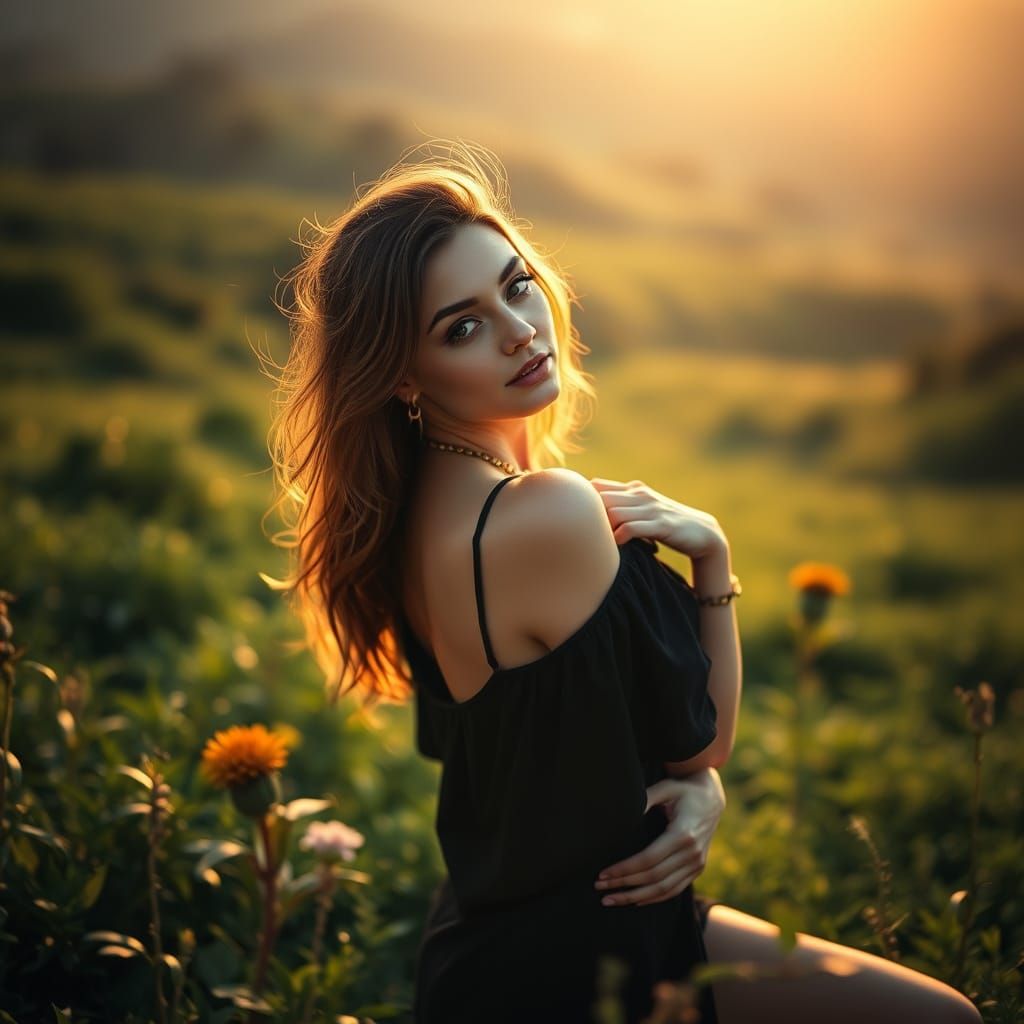 Elegant Woman Posing in Lush Landscape Photography