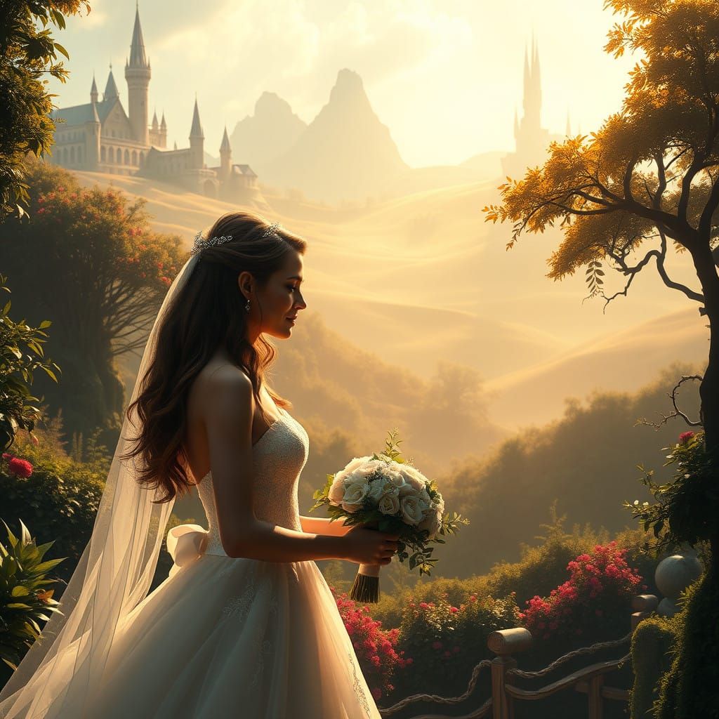 Ethereal Celestial Wedding Scene in Whimsical Fantasy Land