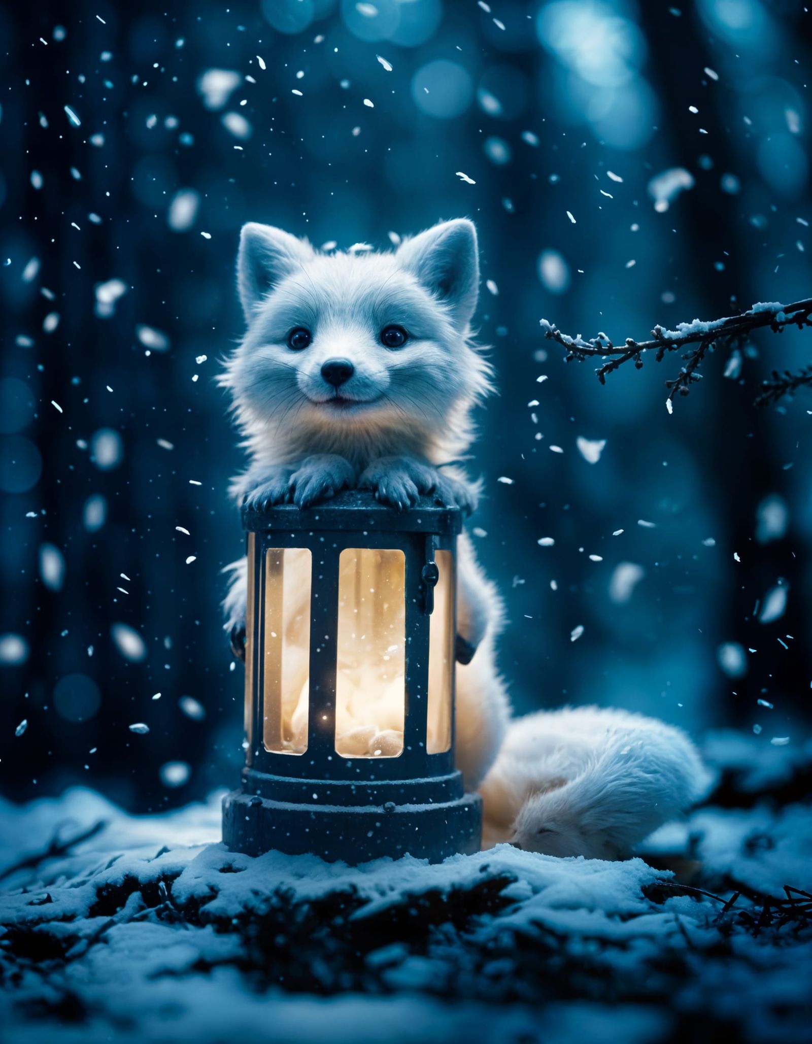 Cute White Fox Cub in Falling Snow