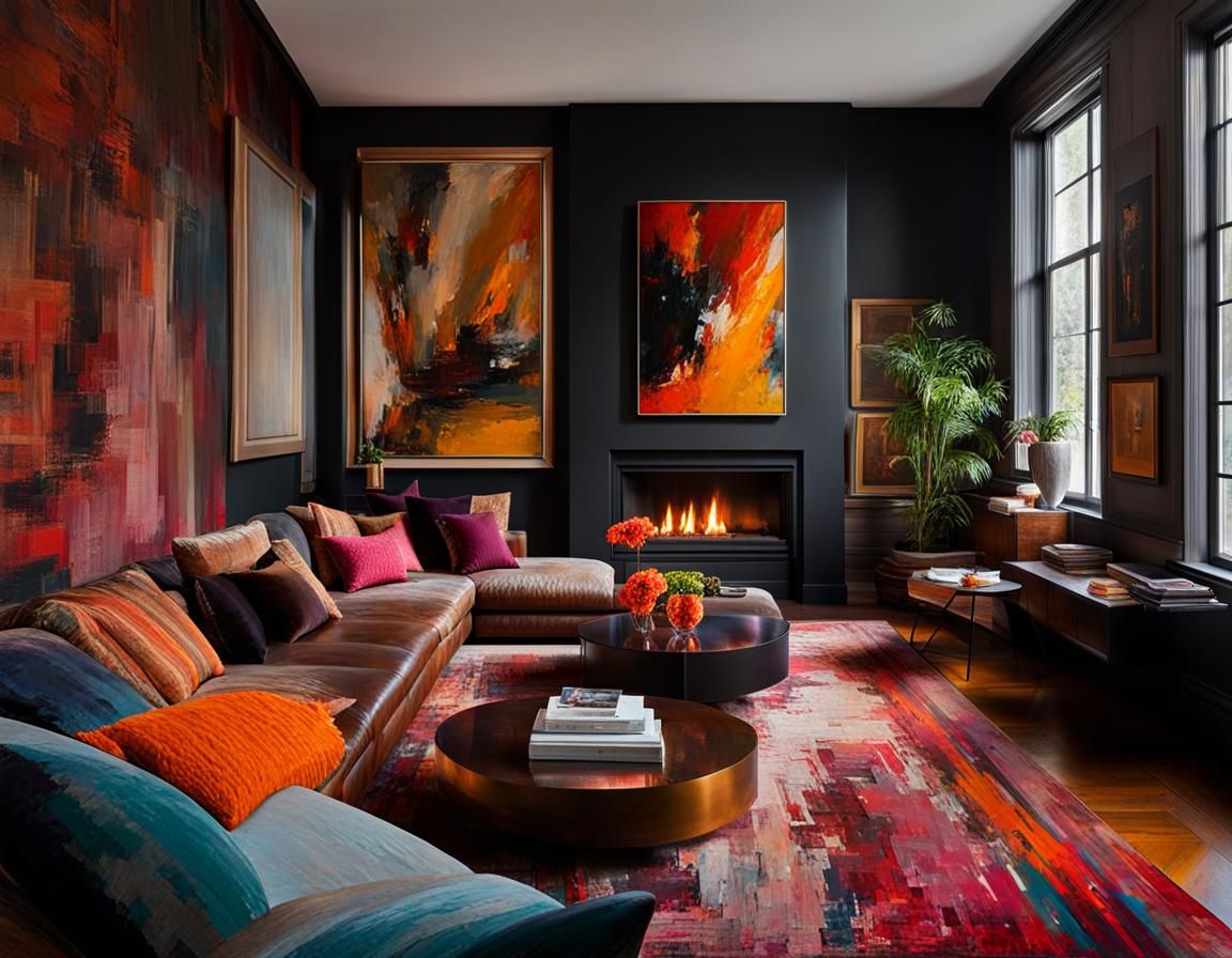 Cozy Living Room in Impasto Style with Fireplace