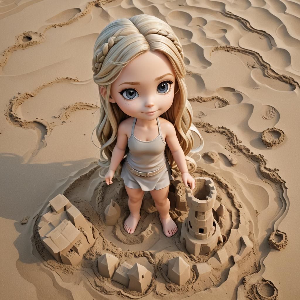 Blonde Girl Building Sandcastle: 3D Chibi Art