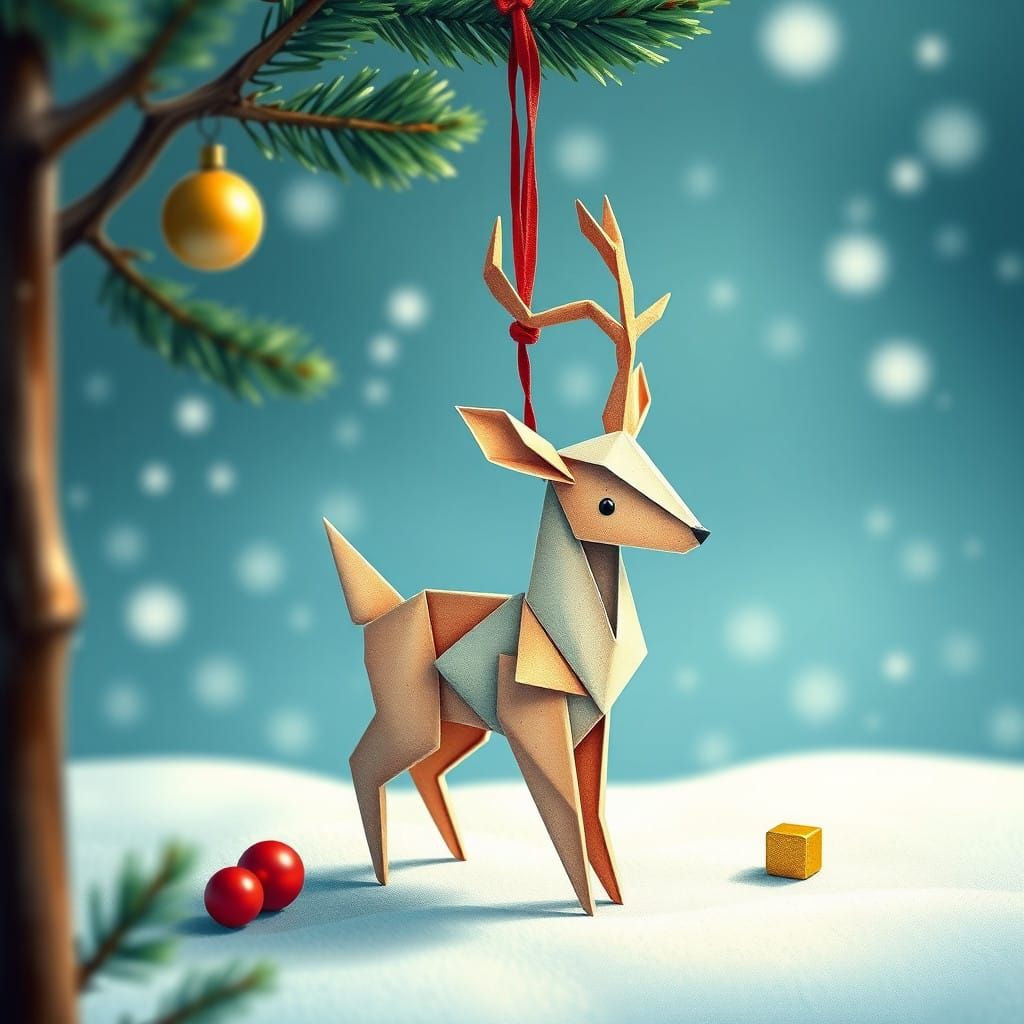 Whimsical Origami Reindeer Christmas Ornament in Gouache