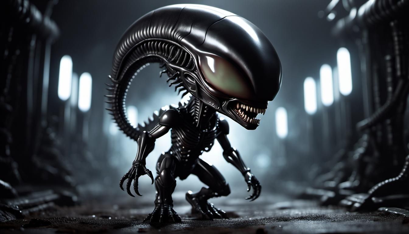 Chibi Alien Xenomorph in Bio-Mechanical Gothic Horror Style